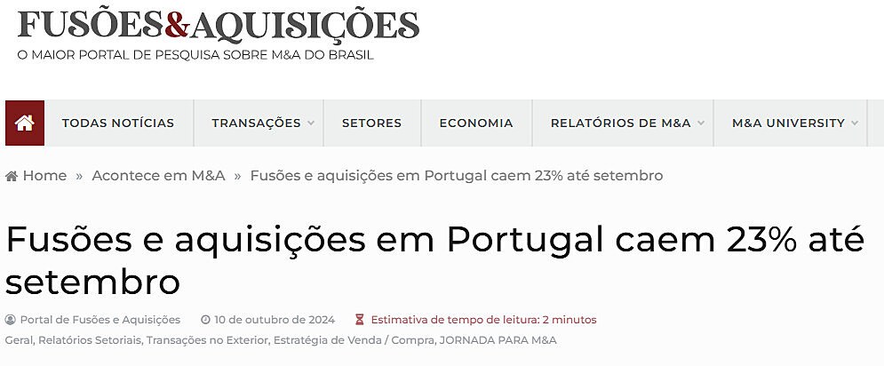 Fuses e aquisies em Portugal caem 23% at setembro